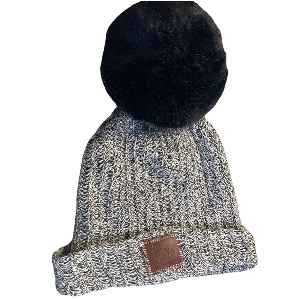 Love Your Melon Knit Beanie Hat Black & White Xl Faux Fur Pom Pom Black Casual